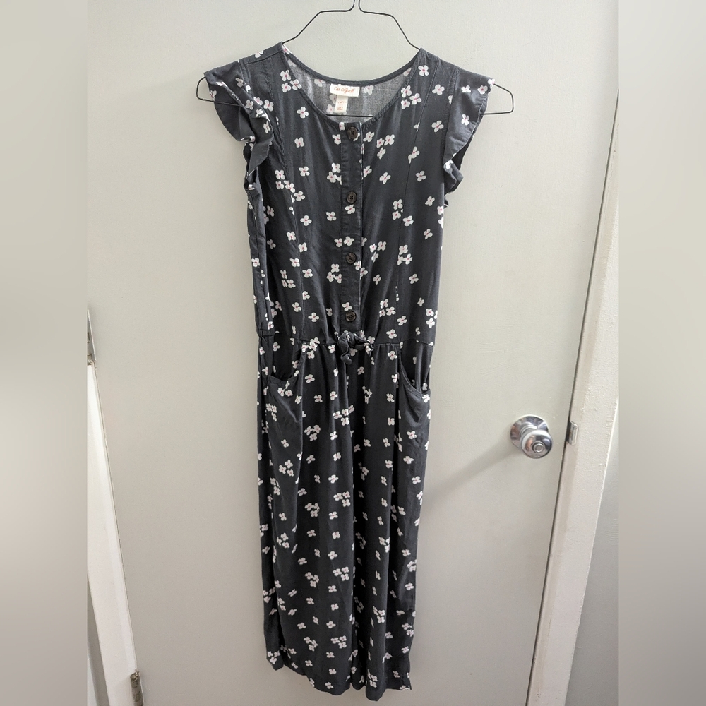 Cat & Jack Girls 10/12 Black Long Romper with White Floral Pattern Dressy School